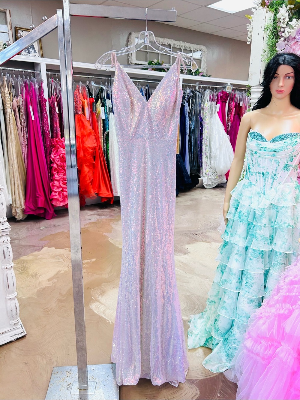 Sparkling Iridescent Pink Sequin Evening Gown